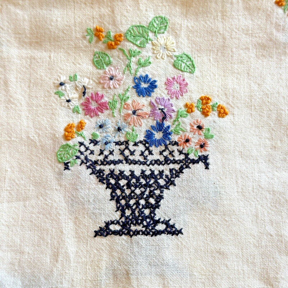 Vintage Flower Embroidered Dresser Vanity Table Scarf Linen Crochet Trim READ - Picture 4 of 9